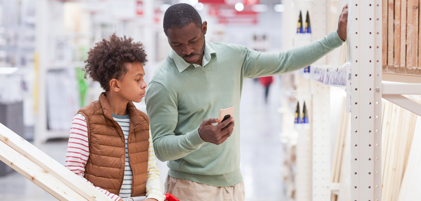 Picture of a family in a hardware store.